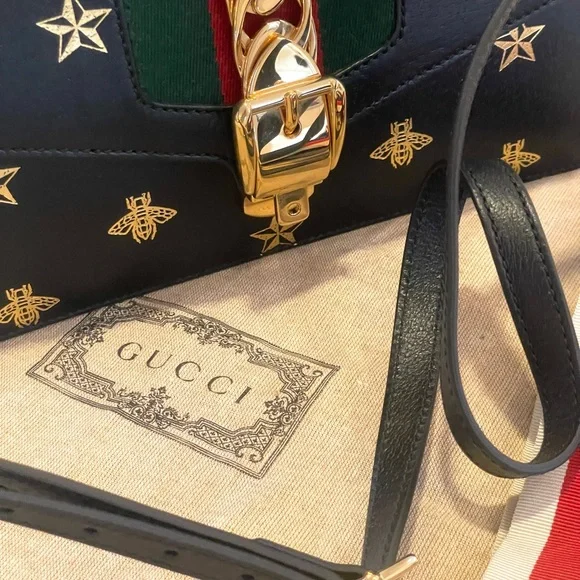 Gucci Sylvie Bee Star Medium Black Leather Extra Ribbon Strap Mint condition - Picture 3 of 14